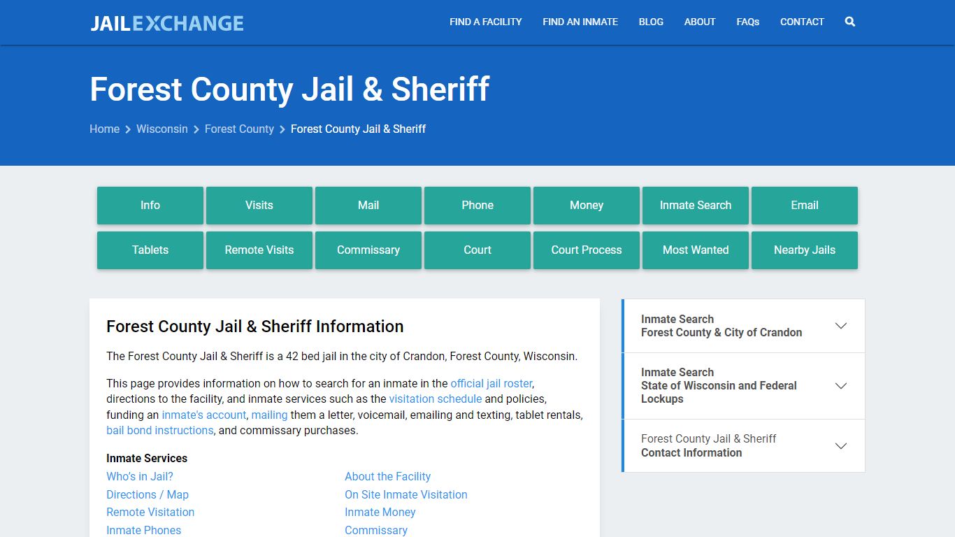 Forest County Jail & Sheriff, WI Inmate Search, Information