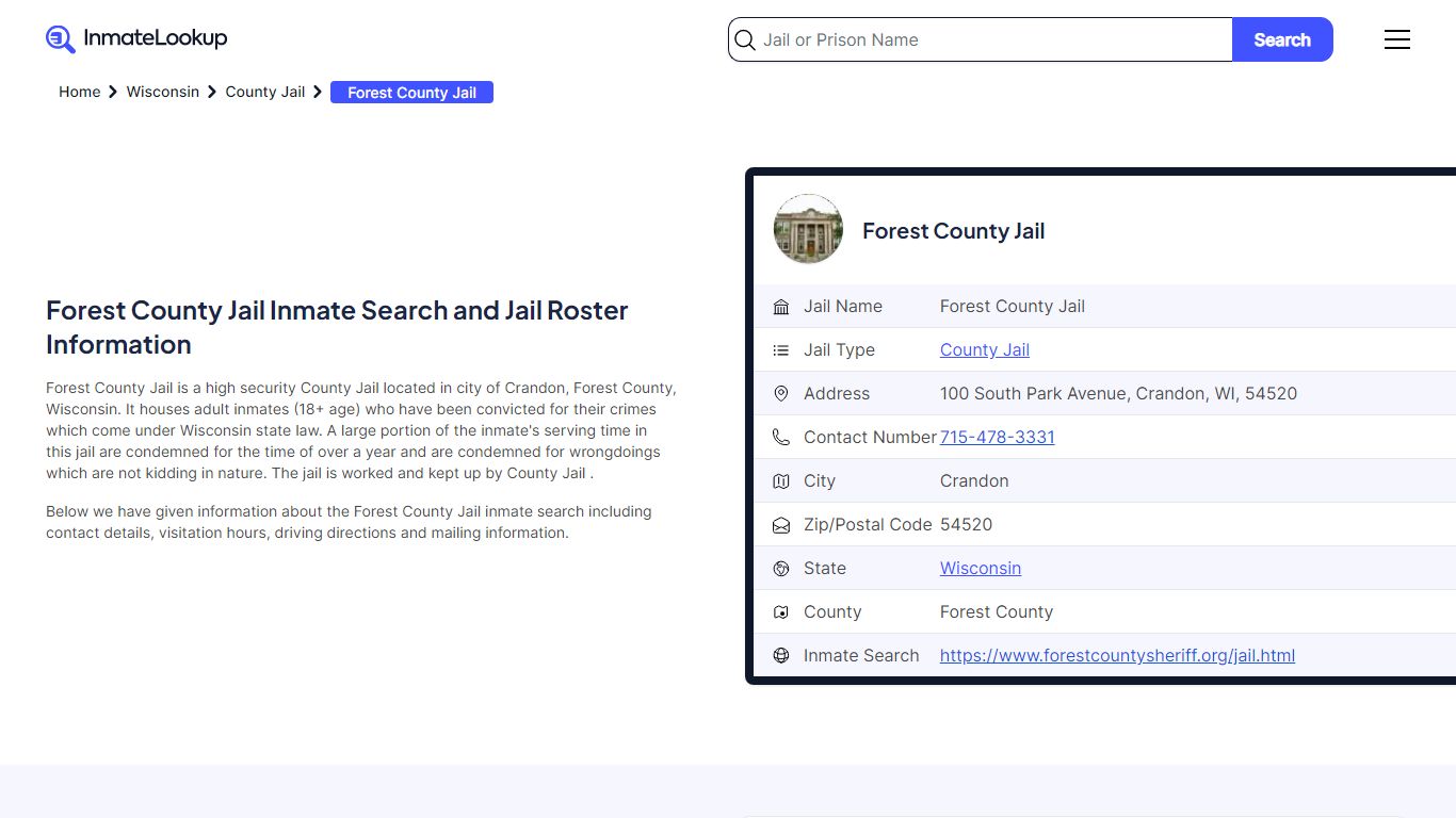 Forest County Jail Inmate Search and Jail Roster Information