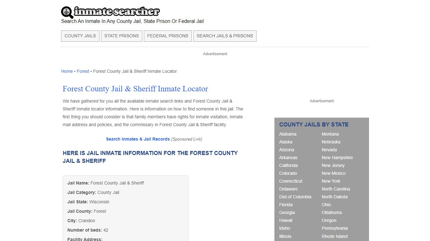 Forest County Jail & Sheriff Inmate Locator - Inmate Searcher